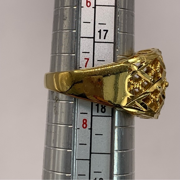 Gold plated dome statement ring with open cross hatching and scroll work 7 - Picture 4 of 9